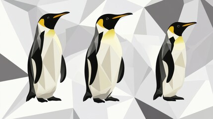 Fototapeta premium Three Emperor Penguins with Geometric, Arctic, and Wildlife.