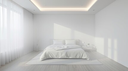 All white bedroom with bed drapes and minimalist decor