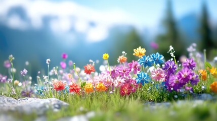 Obraz premium Vibrant wildflowers in a meadow, a stunning display of colors against a backdrop of mountains