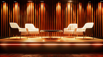 Warm Stage for Conversations: Captivating set-up with comfortable armchairs, a sleek table, and an inviting atmosphere. Ideal for talk shows, interviews or intimate discussions. 