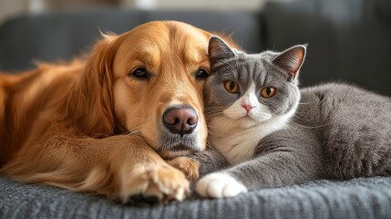 A cute golden retriever dog and a British Shorthair cat snuggled up together on the sofa, looking directly at the camera with innocent and endearing expressions.