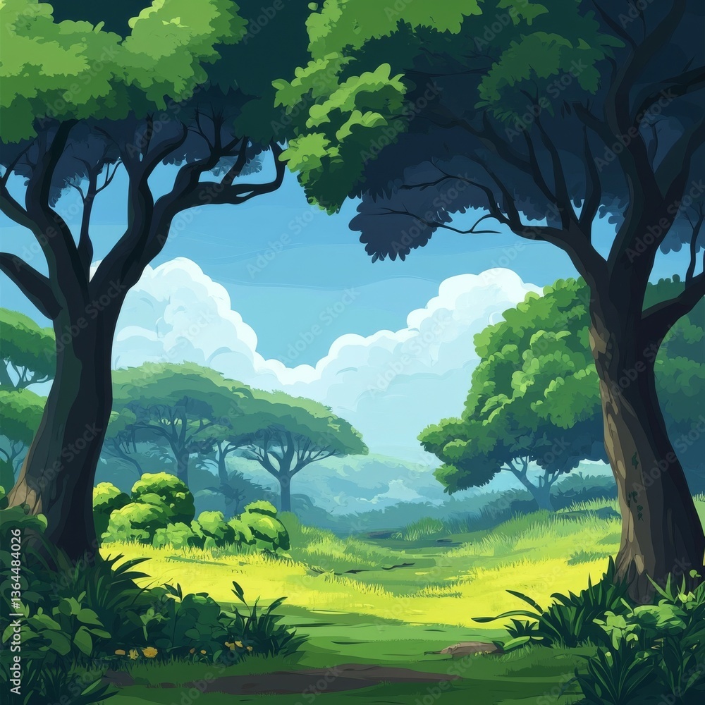 Poster a tranquil forest glade: sunlight filters through towering trees, illuminating a lush green meadow o
