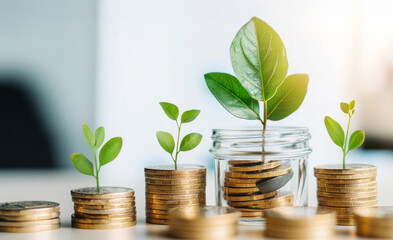 Growing Investments: A visual metaphor for financial growth and prosperity, featuring stacks of coins with vibrant green plants sprouting from them.