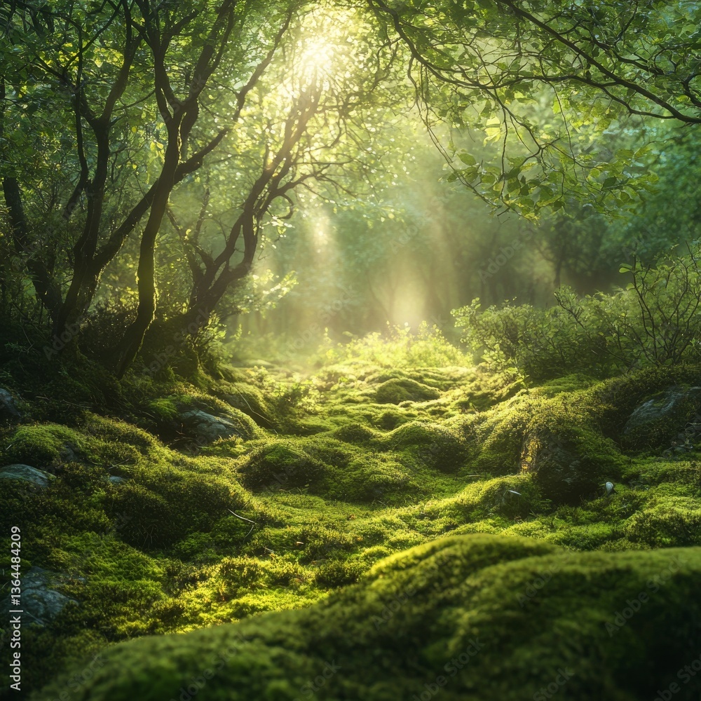 Poster enchanted forest path: sunlight streaming through verdant canopy, casting golden rays on mossy rocks