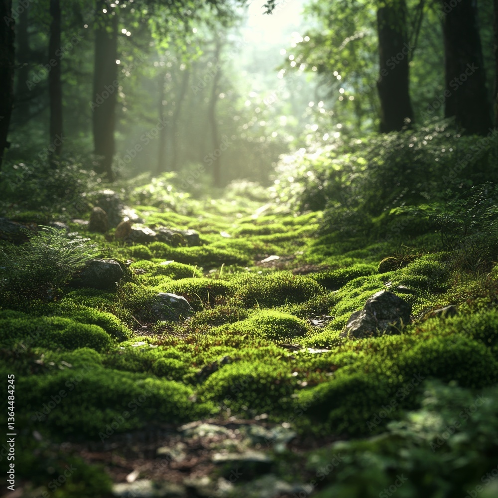 Poster Enchanting Forest Path: Sunlight Filtering Through Verdant Trees Illuminating a Moss-Covered Trail in a Mystical Wood