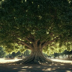 Fototapeta premium Majestic Tree in a Park: A Grand Ancient Tree with Sprawling Roots and Lush Green Canopy, bathed in Sunlight, offers shade and serenity.