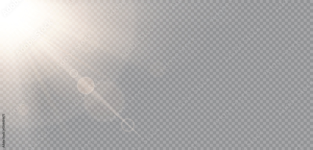 Poster sunlight effect on transparent png background. gold rays and beam shining with bokeh glow effect. su