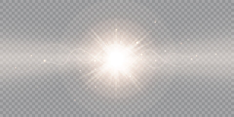Realistic light effect with bokeh on transparent background, glowing light burst with radiant beams and lens flare effect. Gold energy explosion overlay for photo, vector illustration.