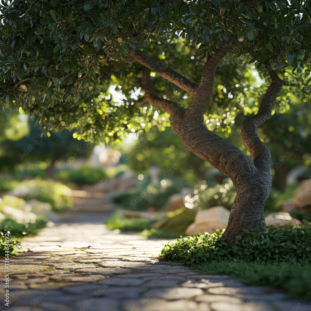 Poster Sun-Dappled Stone Path Through a Serene Garden, Framed by a Majestic Tree with Glimmering Light Filtering Through the Leaves