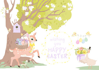 Easter Card with Little Fawn and Funny Goose. Vector Illustration
