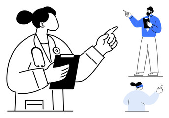Doctor, nurse, and administrator pointing while holding clipboards, symbolizing teamwork and decision-making. Ideal for healthcare, collaboration, leadership, communication, teamwork management