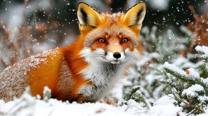 Obraz premium Red fox in snowy winter forest.