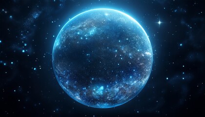 Obraz premium A glowing blue planet surrounded by a starry night sky, evoking a sense of cosmic wonder and mystery.