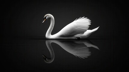 Elegant White Swan Reflection Dark Water.