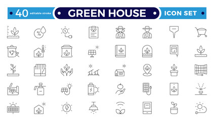 Green House outline icon set with conservation, reduce waste, consumption, management, efficiency, gas emission and green house. Eco related icons. Editable stroke outline icon.
