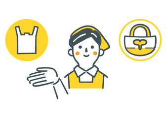 レジ袋とエコバックの選択を促す店員　ストックイラスト素材

