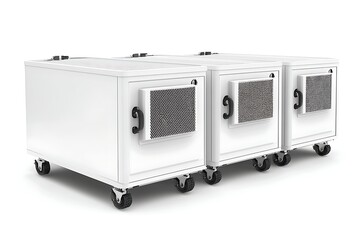 Three white mobile air conditioning units on a white background