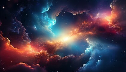 Fototapeta premium A vibrant cosmic scene featuring swirling clouds of gas and dust illuminated by colorful starlight, evoking a sense of the vastness of the universe.
