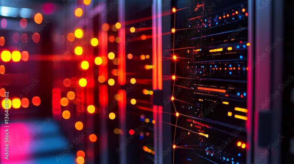 Poster data center and server optimization concept vibrant data center with glowing lights and server racks