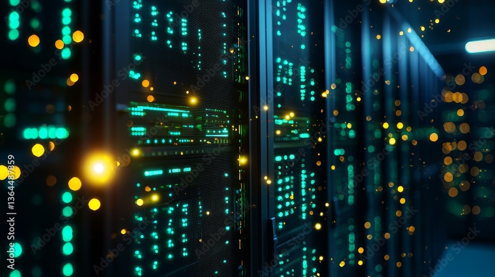Poster data center and server optimization concept data center with illuminated servers and digital lights.