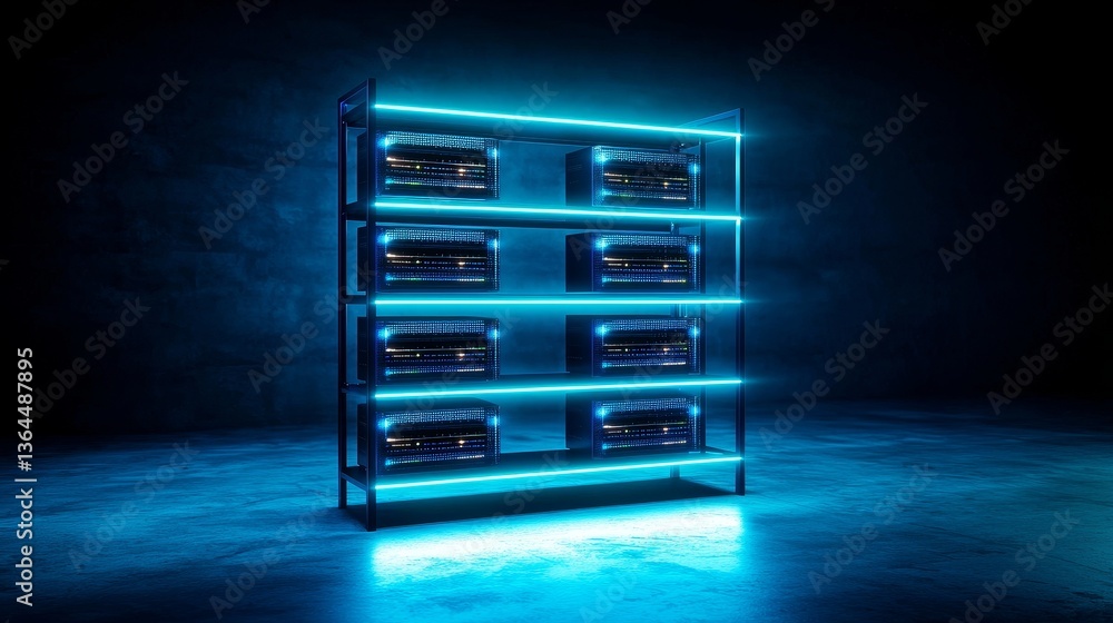 Poster data center and server optimization concept illuminated server rack against a dark background.