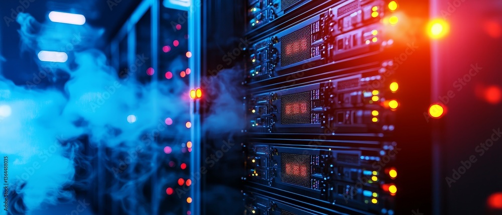 Poster data center and server optimization concept data center with illuminated servers and colorful lights