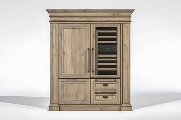 Wood-paneled wine cooler, studio shot