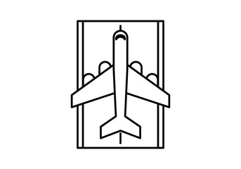 Icono negro de avión comercial en pista de despegue
