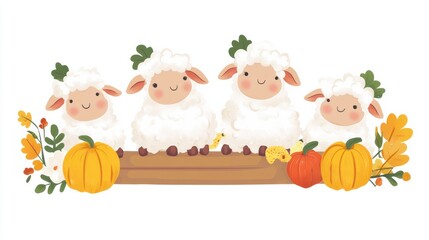 Cute Cartoon Sheep with Pumpkins and Fall Flowers in Pastel Colors