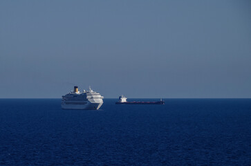 Mega family cruiseship cruise ship liners Favolosa and Fortuna anchored offshore of Civitavecchia...