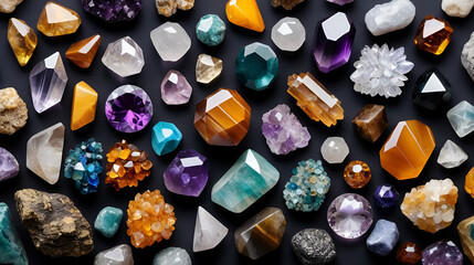 A lot of crystals and gemstones on a dark background. Natural minerals such as agate, amber, amethyst, quartz and others. A scattering of precious stones