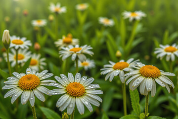 Obraz premium Beautiful daisies with dew in a lush green garden 