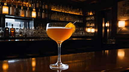 Manhattan cocktail in a dimly lit upscale New York bar