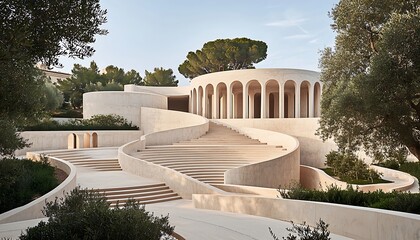 Obraz premium Modern architecture with curved stairs, and sunlit.