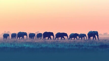 African Elephant Herd Sunrise Safari Wildlife.