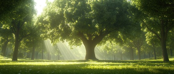 Majestic Tree with Sunlight Streaming Through Leaves in a Lush Green Meadow
