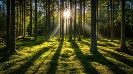 Sunlight streaming through a dense forest illuminating the vibrant moss