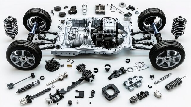 Car parts with advanced tech features on a white background