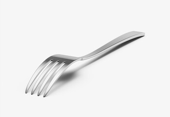 A sleek stainless steel fork with a reflective finish and a slightly curved handle. 3D Illustration