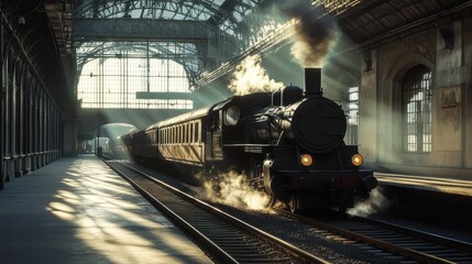 Vintage Steam Train at a Grand Station with Sunlight and Smoke Effect