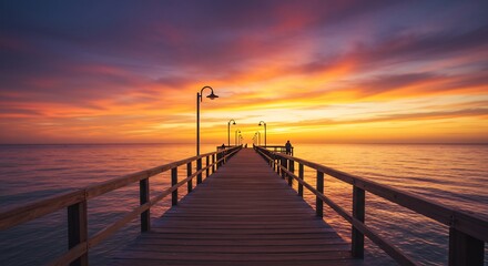 Fototapeta premium Serene sunrise pier scene vibrant warm hues. AI Generated