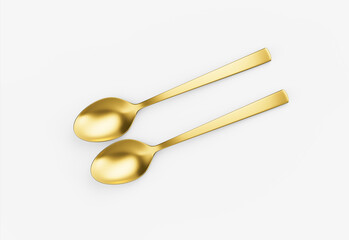 Two golden spoons featuring a smooth curves and straight handle, perfect for dining. 3d illustration