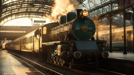 Obraz premium Nostalgic Journey: A Classic Steam Train at a Historic Train Station