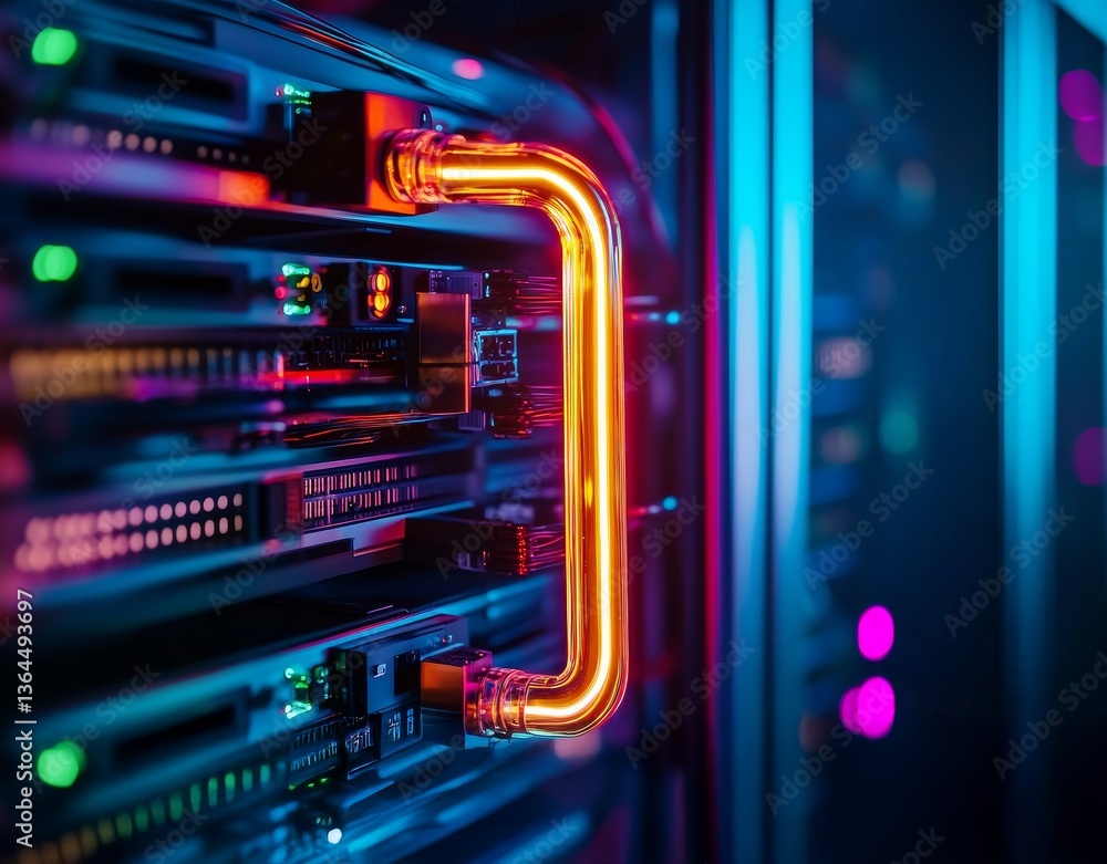 Poster data center and cooling system efficiency concept. vibrant server cables in a high-tech data center 