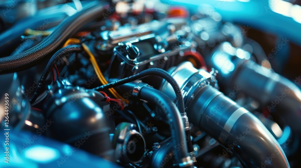 Poster close-up of a race carâ€™s engine with high-tech components