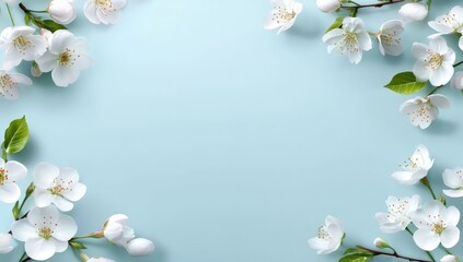 White Cherry Blossoms on Light Blue Background, Top View with Copy Space, Spring Floral Border Banner or Greeting Card Design
