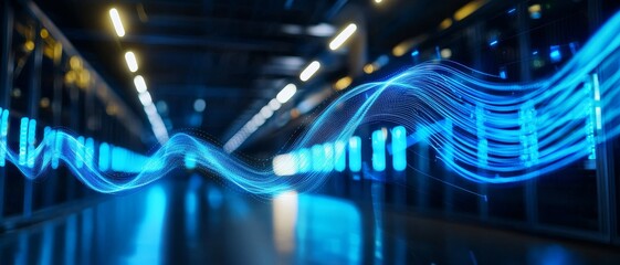 Data center and cooling system efficiency concept. Digital corridor with flowing blue light patterns and reflections.