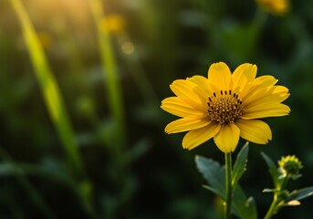 Fototapeta premium 夕日輝く黄色い花 柔らかな光と緑葉のコントラスト