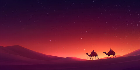 Fototapeta premium Desert camels at sunset create a silhouette on the sand dunes with wildlife in the Sahara landscape