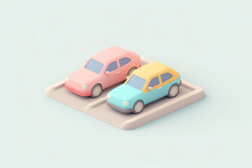 A stylized 3D illustration of a small parking lot with three pastel-colored cars and surrounding trees. A miniature urban scene representing transportation, parking, and city planning concepts.
